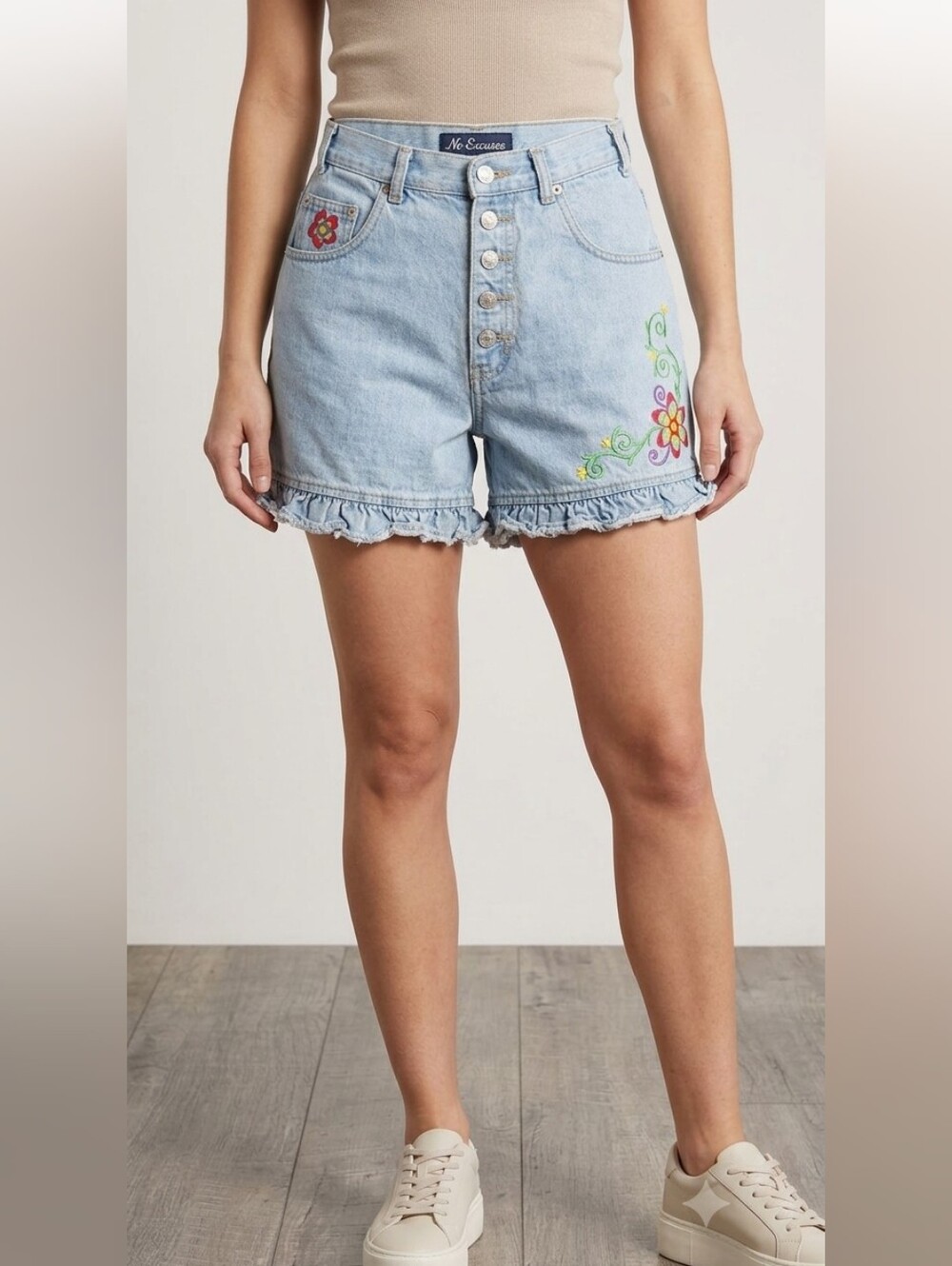 Vtg90’s Y2K FEMME FATALE NO EXCUSES Tough JEAN Shorts Ruffle High Rise 5/6